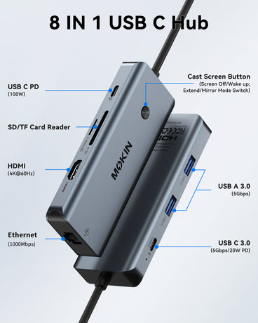 8-in-1 USB-C hub with HDMI, Ethernet, USB ports, SD card slots and 100W PD