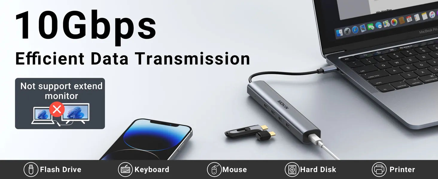 USB C to USB C hub is equipped with 4 USB C 3.1 ports, data transfer speed up to 10Gbps, fast enough to transfer an HD movie in seconds.