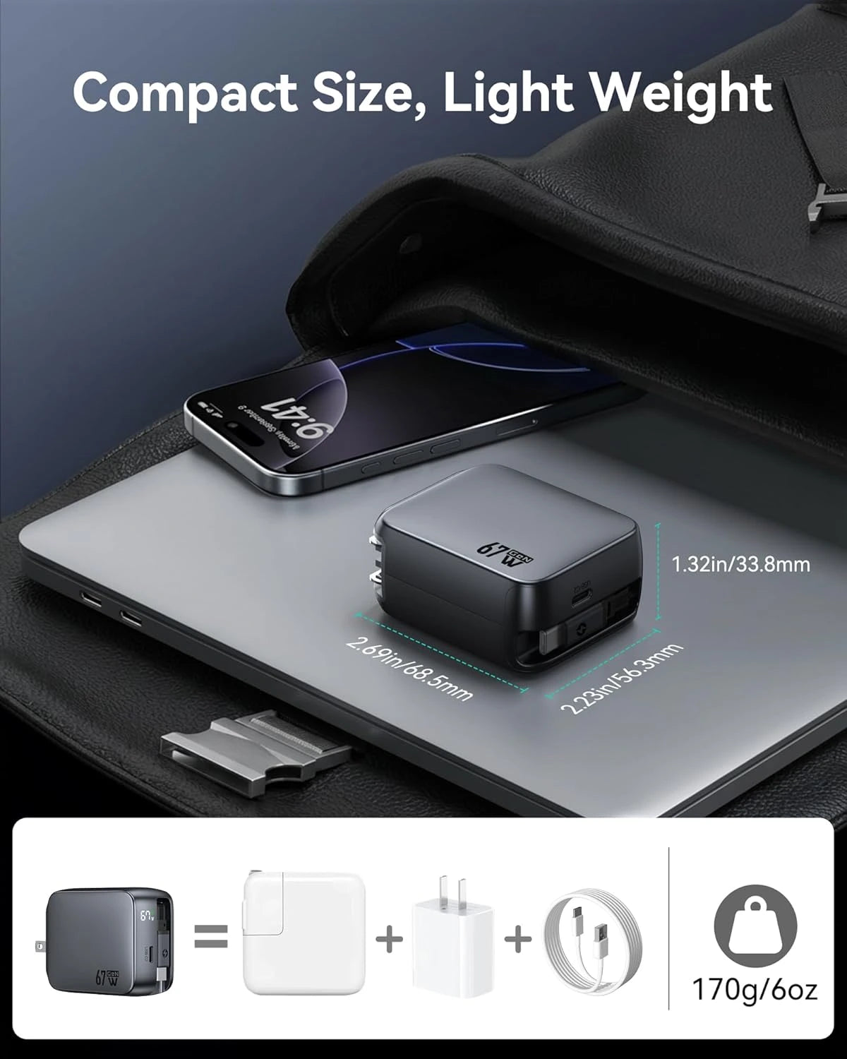 MOKiN 67W 2-port charger with dual retractable cables, black compact wall charger