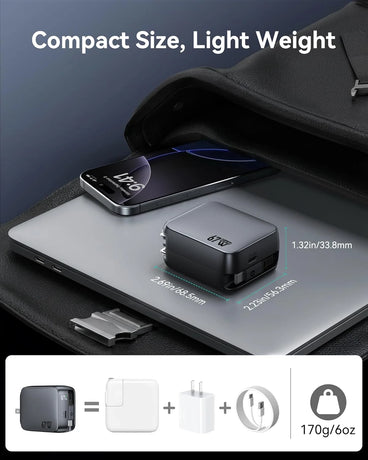 MOKiN 67W 2-port charger with retractable cables, compact black design