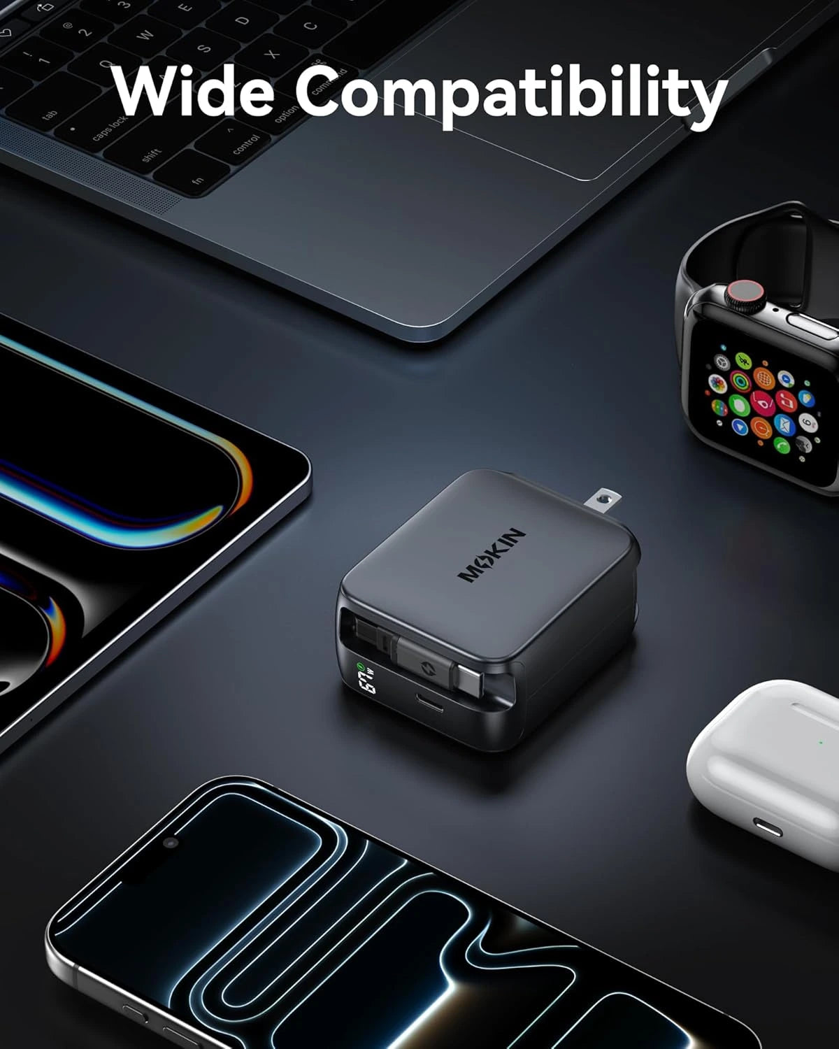 MOKiN 67W 2-port charger with retractable cables, compact black fast charging adapter