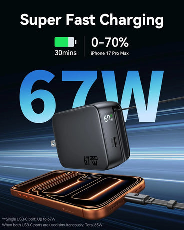 MOKiN 67W 2-port charger with retractable cables, black compact fast charger