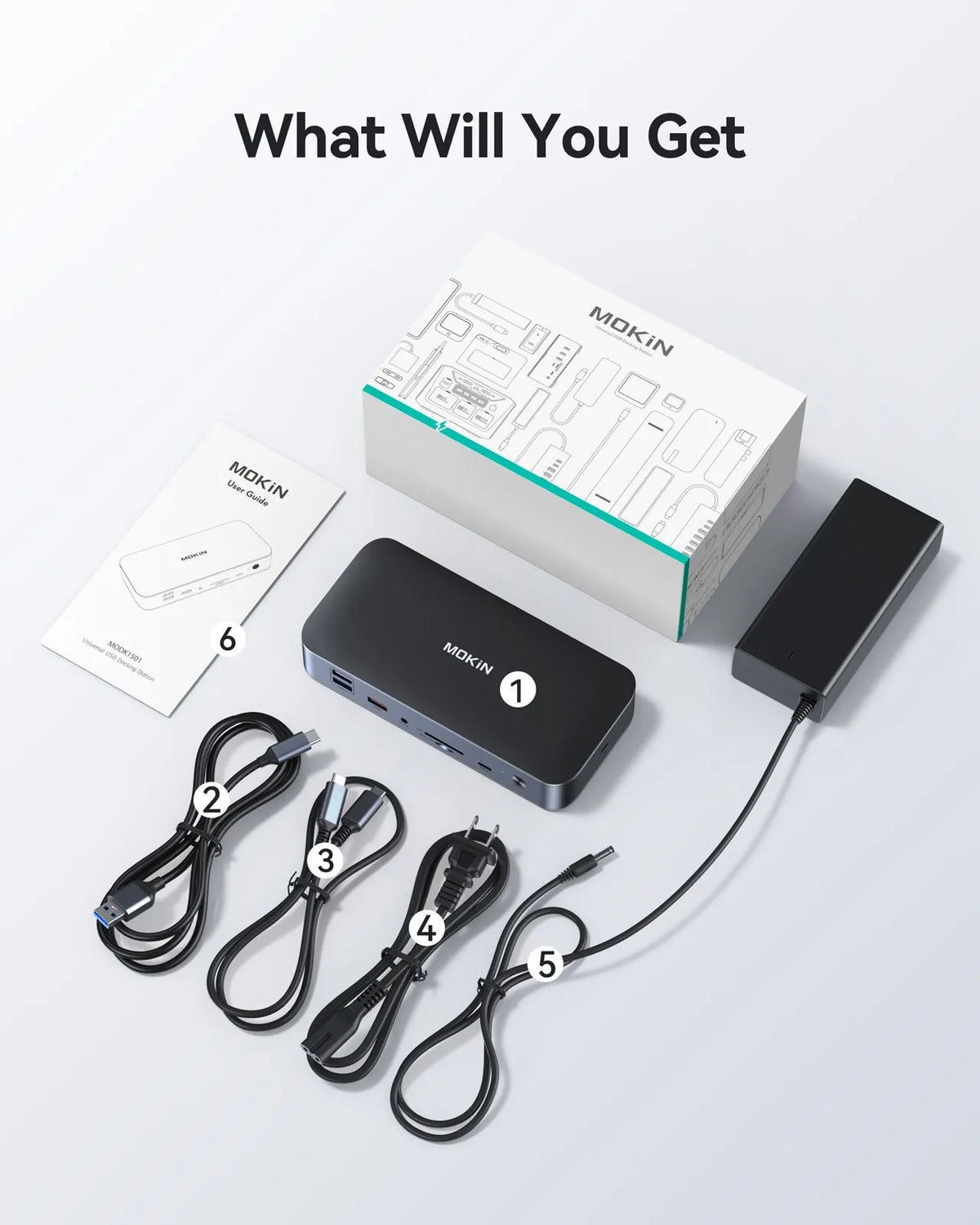 MOKiN 15-in-1 DisplayLink dual monitor dock with adapter, cables, and manual