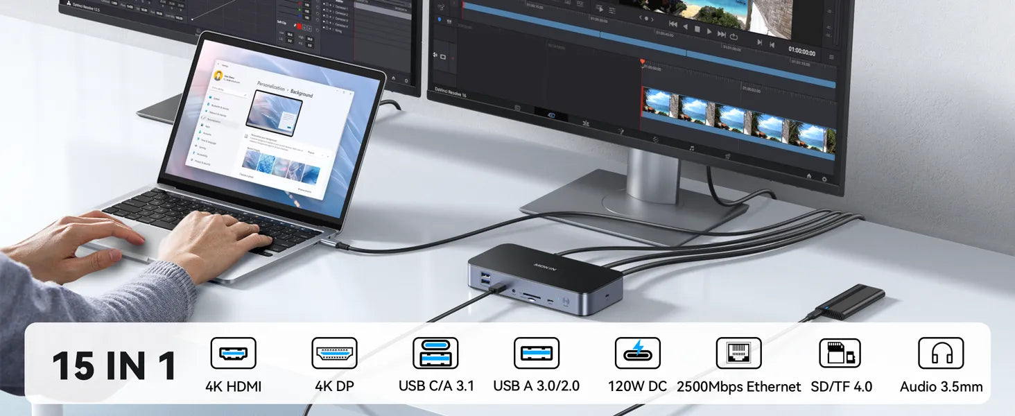 Docking Station Dual Monitor for mac Os and Windows Ethernet Dock features a 2500Mbps RJ45 port