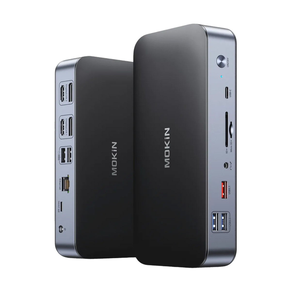 MOKiN 15-in-1 DisplayLink docking station with dual monitor support, gray and black aluminum design