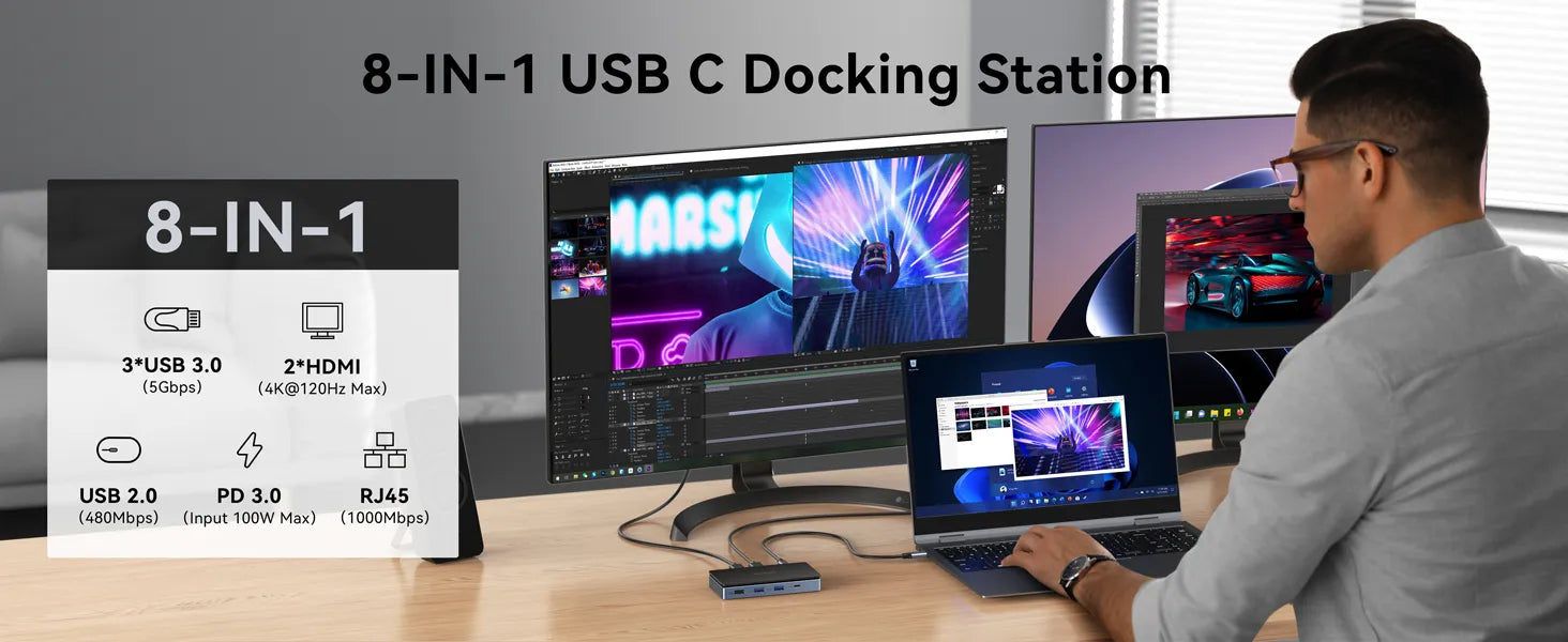 8 IN 1 Docking Station Dual 4k@60Hz HDMI