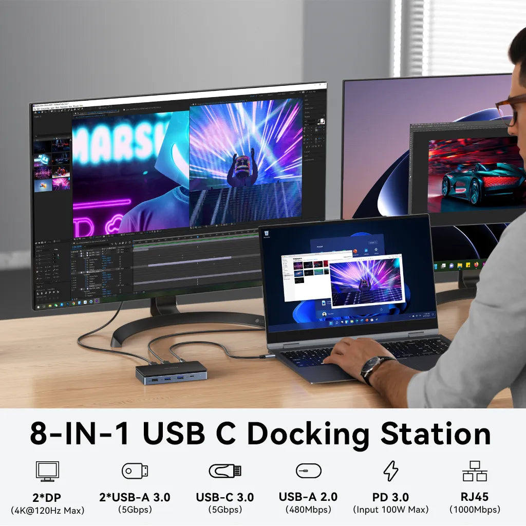 Estación de acoplamiento USB C para laptop, adaptador multipuerto de Estación de acoplamiento USB C para laptop, adaptador multipuerto de