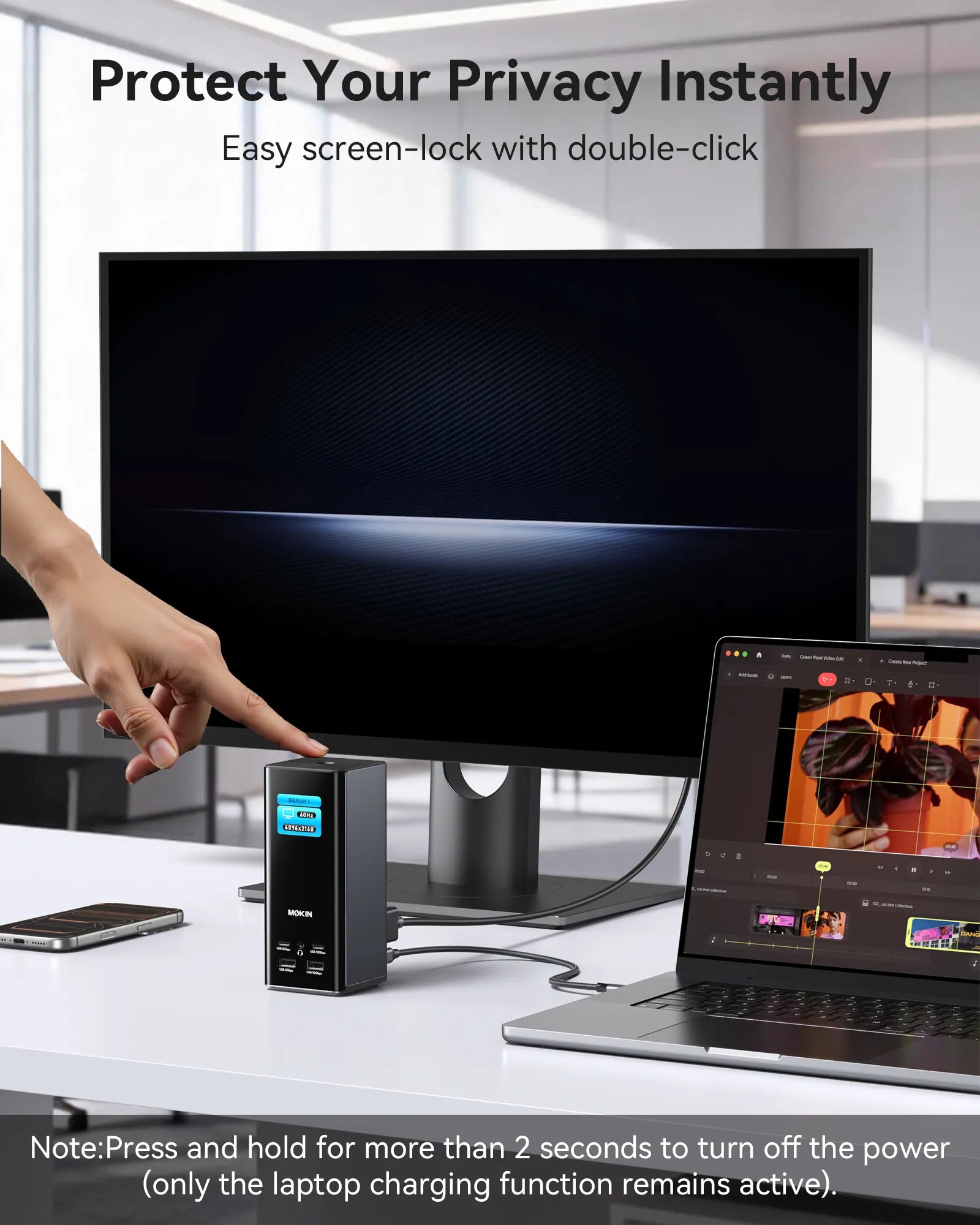 MOKiN 17-in-1 docking station with smart display showing 4K 60Hz on a desk