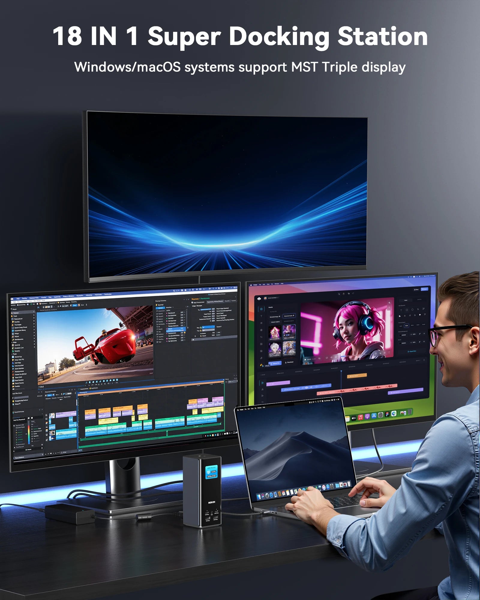 MOKiN 18-in-1 Triple Display Docking Station with Smart LCD for macOS and Windows