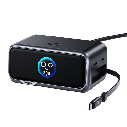 MOKiN 200W GaN Charger 6-Port with LCD Display and Retractable USB-C Cable