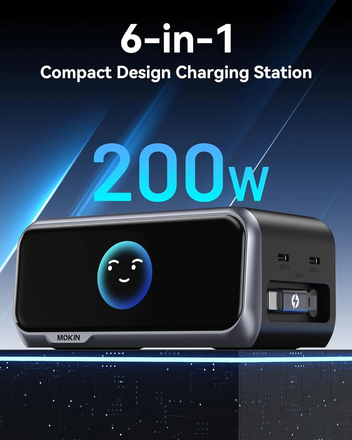 MOKiN 8-in-1 desktop charging station with 3 AC outlets, USB-C and USB-A ports, black, retractable cable