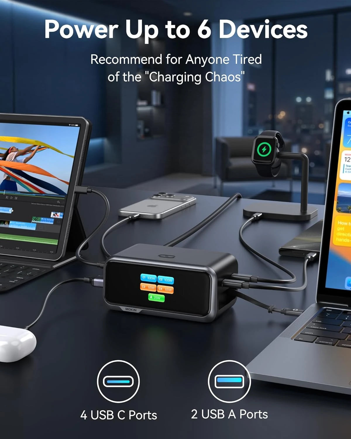 MOKiN 6-port charging station with retractable cable and 3 AC, 3 USB-C, 2 USB-A ports