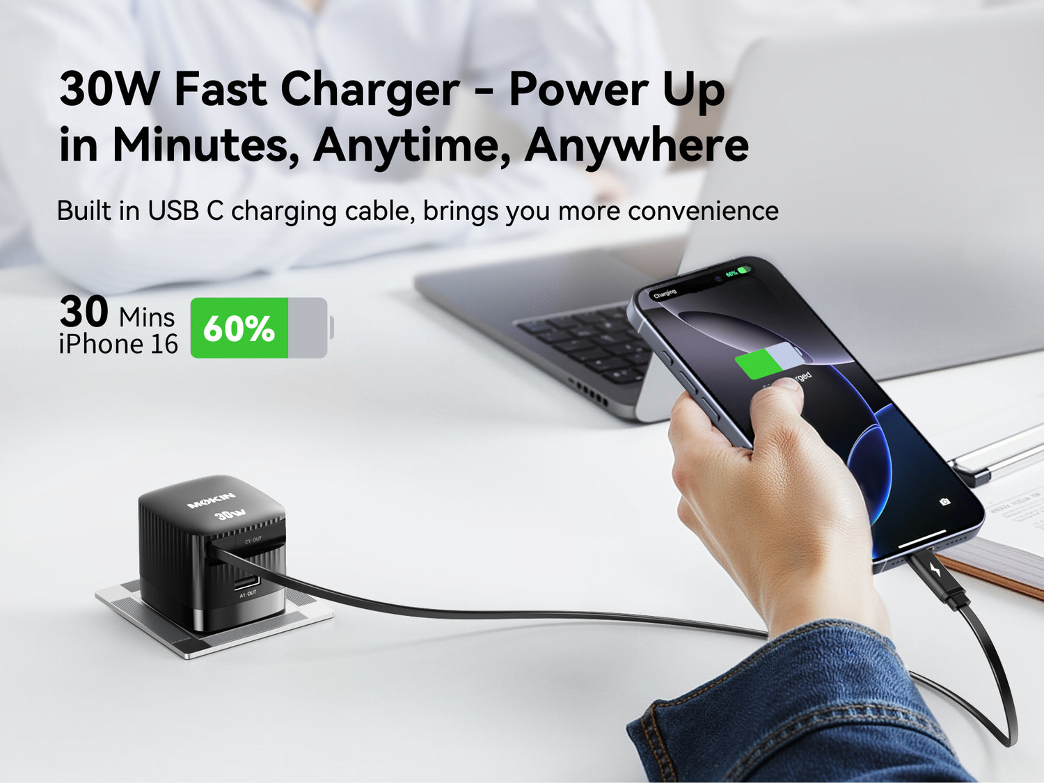 MOKiN 30W Foldable Fast Charger with Built-in Retractable Type C Cable 