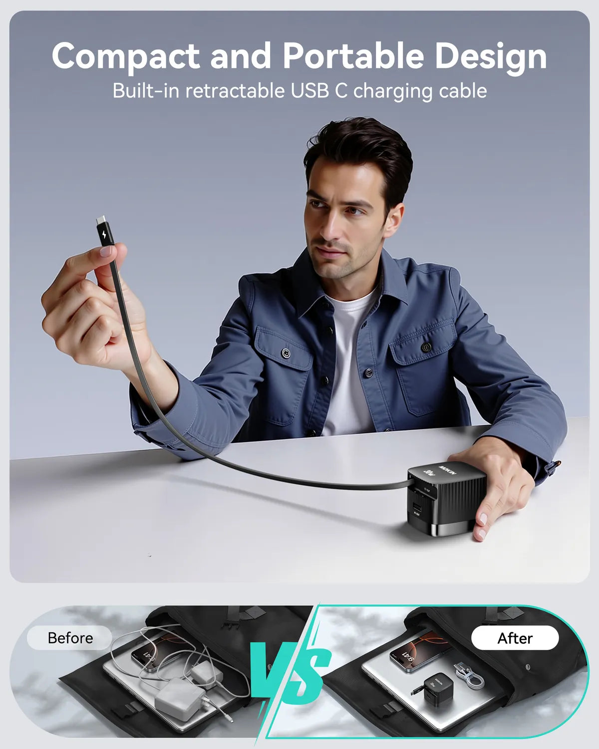 30W charger with built-in retractable charging cable design