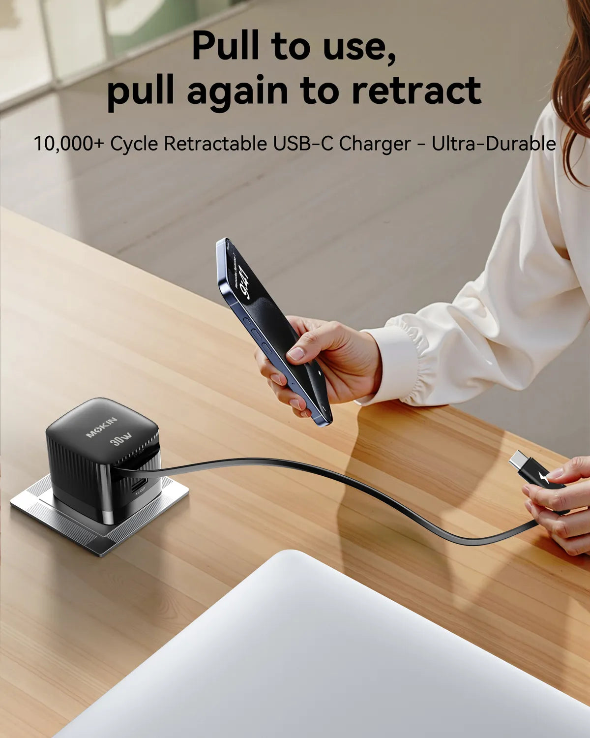 MOKiN 30W Foldable GaN Charger with Built-in Retractable Type C Cable for iPhone