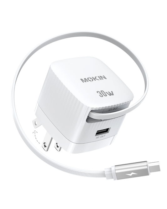 MOKiN 30W foldable GaN charger with retractable USB-C cable, white compact design