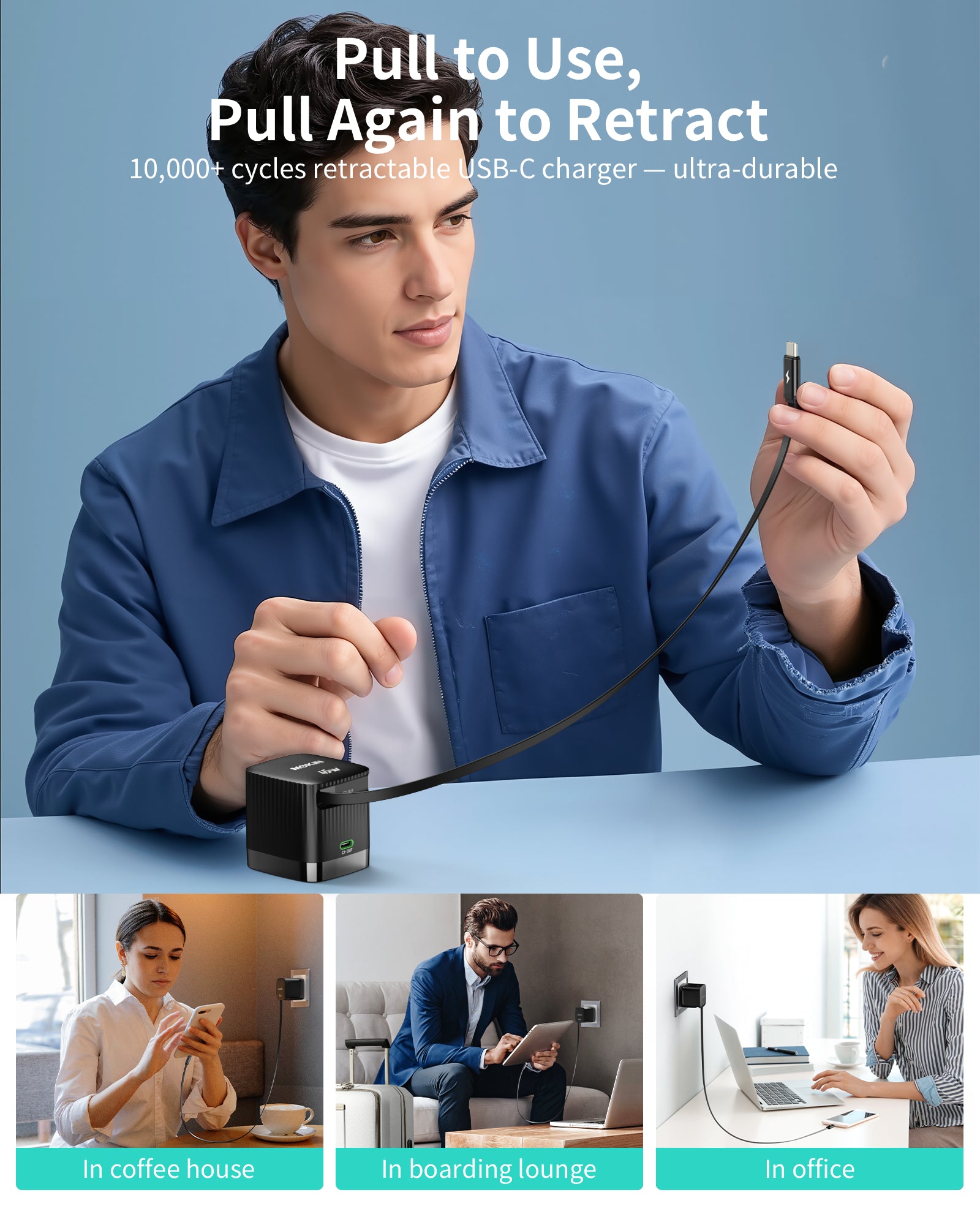 MOKiN 45W Dual Port Foldable GaN Charger with Built-in Retractable Type C Cable for iPhone