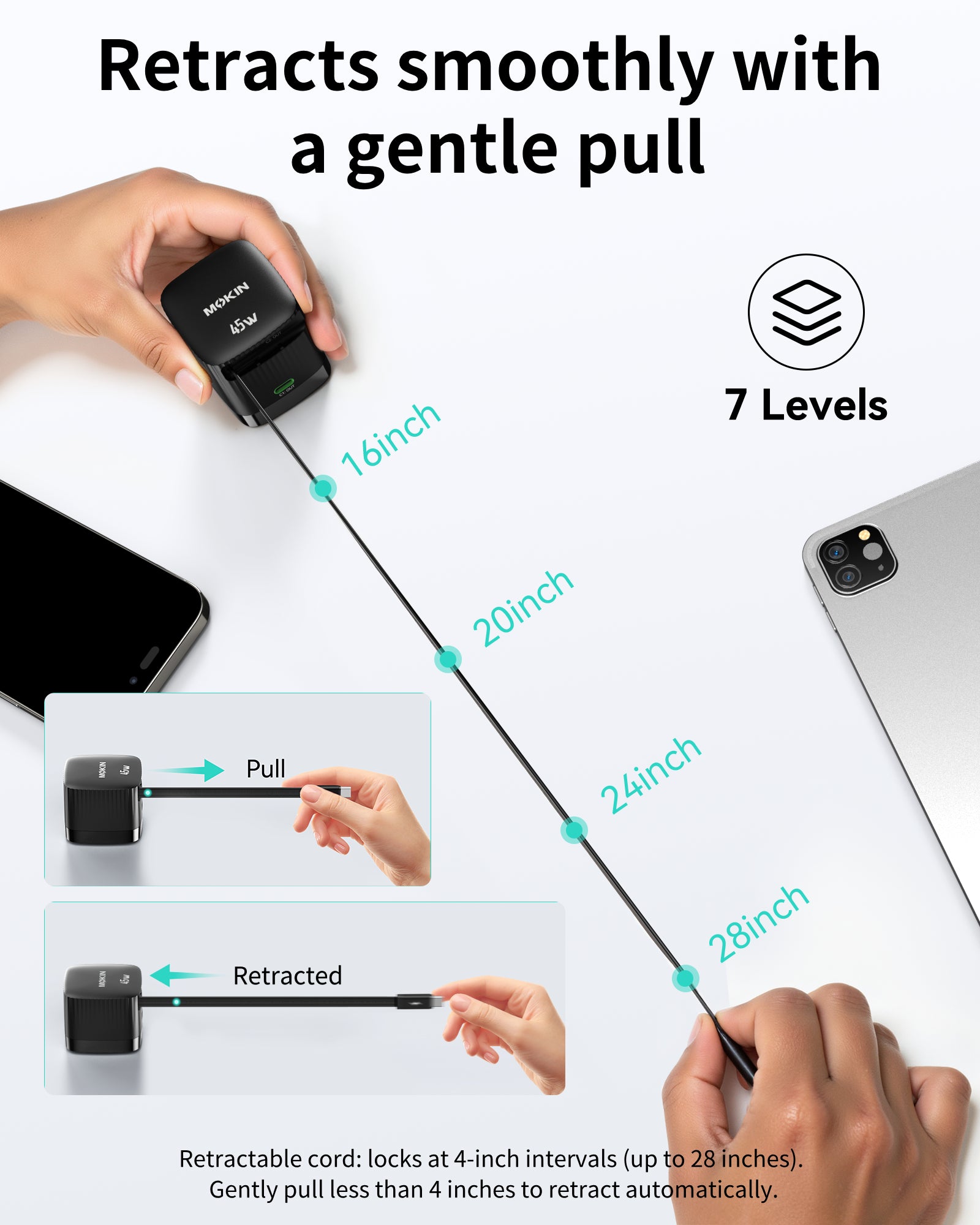 MOKiN 45W Dual Port Foldable GaN Charger with Built-in Retractable Type C Cable for iPhone