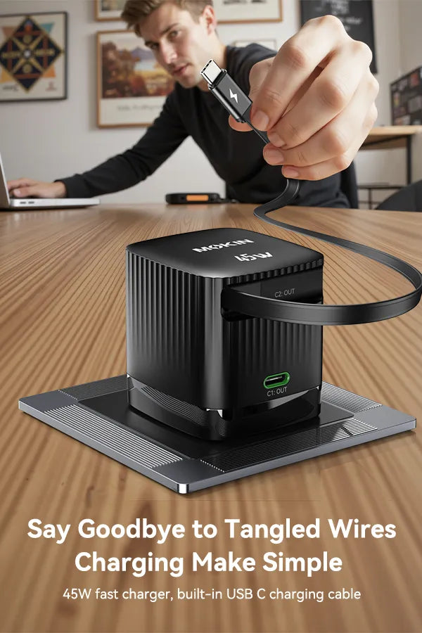 MOKiN 45W Dual Port Foldable GaN Charger with Built-in Retractable Cable