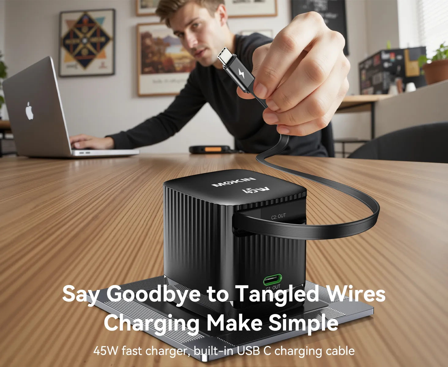 MOKiN 45W Dual Port Foldable GaN Charger with Built-in Retractable Cable