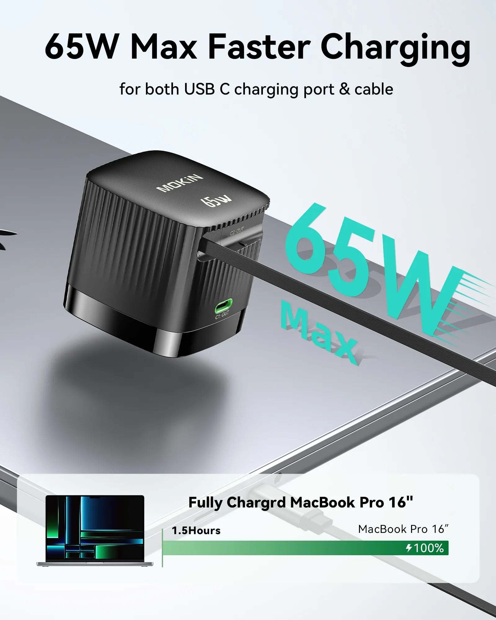 65W Max Faster Charging Retractable Wall Charger 