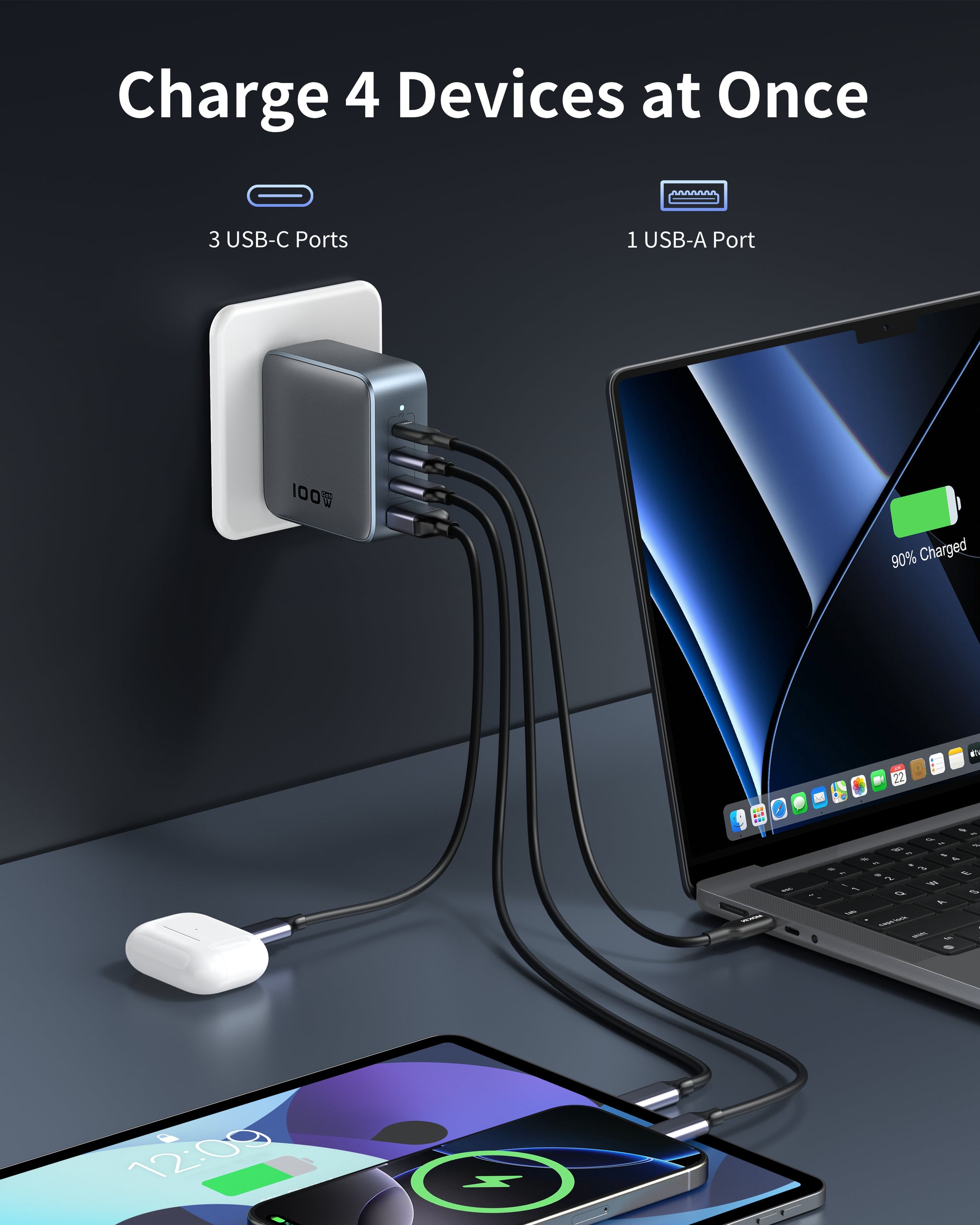 MOKiN 100W foldable USB-C GaN charger with 4 ports in gray