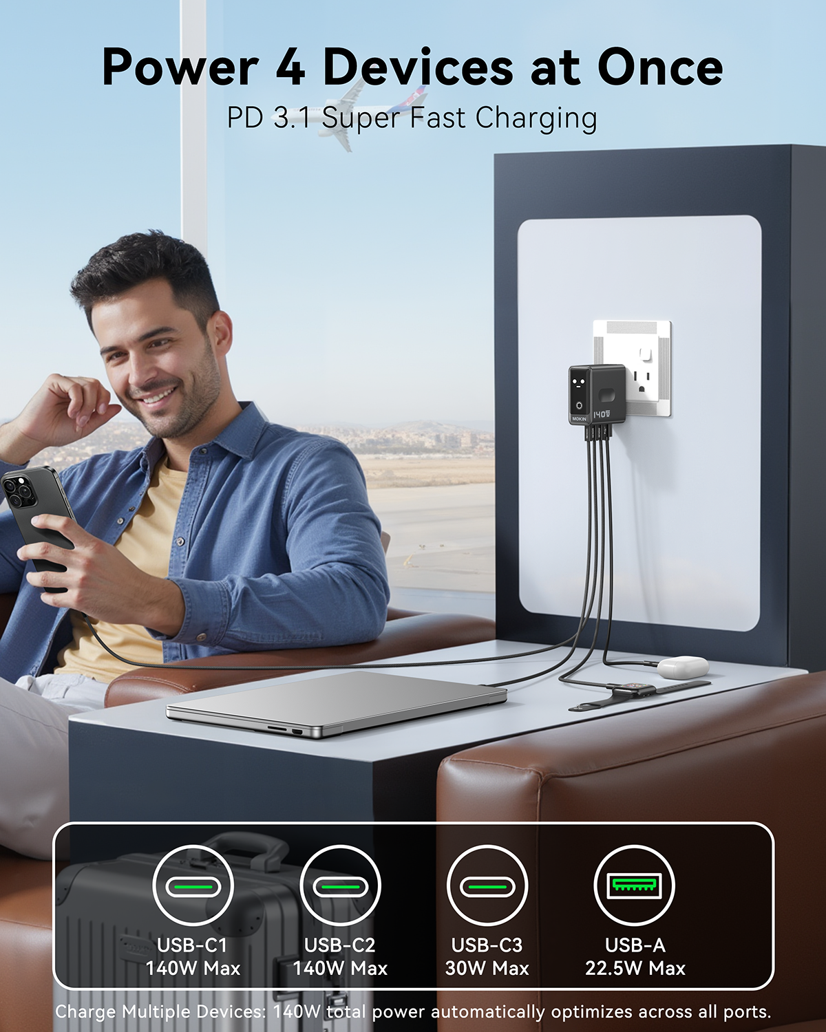 MOKiN 140W Laptop Charger (4-Port, PD 3.1) with Smart Display