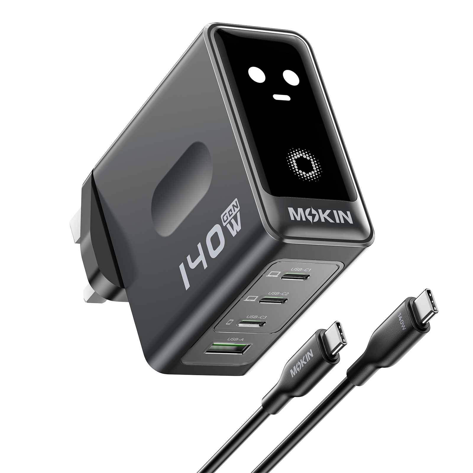 MOKiN 140W 4-Port GaN charger with touch display, gray UK plug