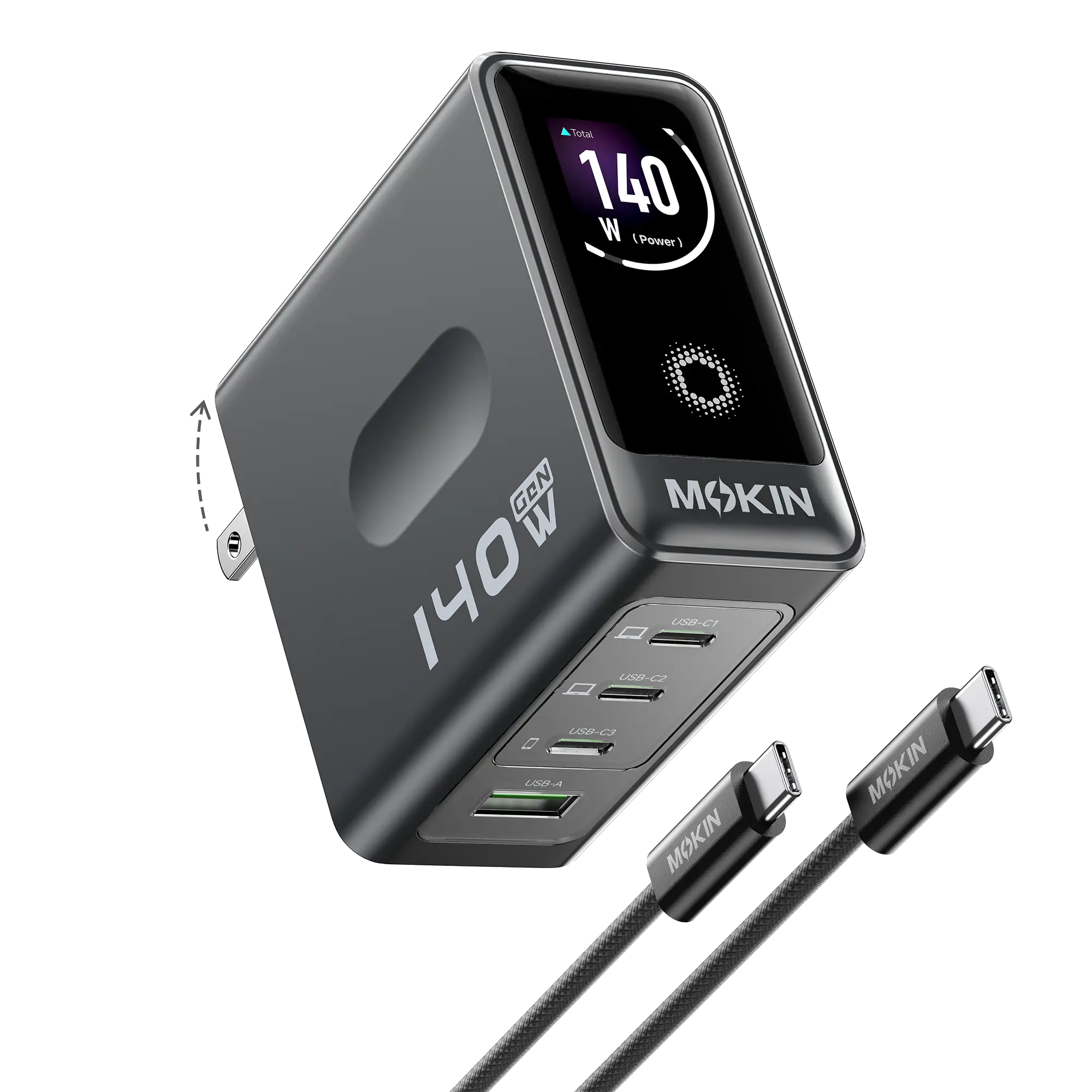 MOKiN 140W GaN wall charger with digital display, 4 USB-C ports and folding plug