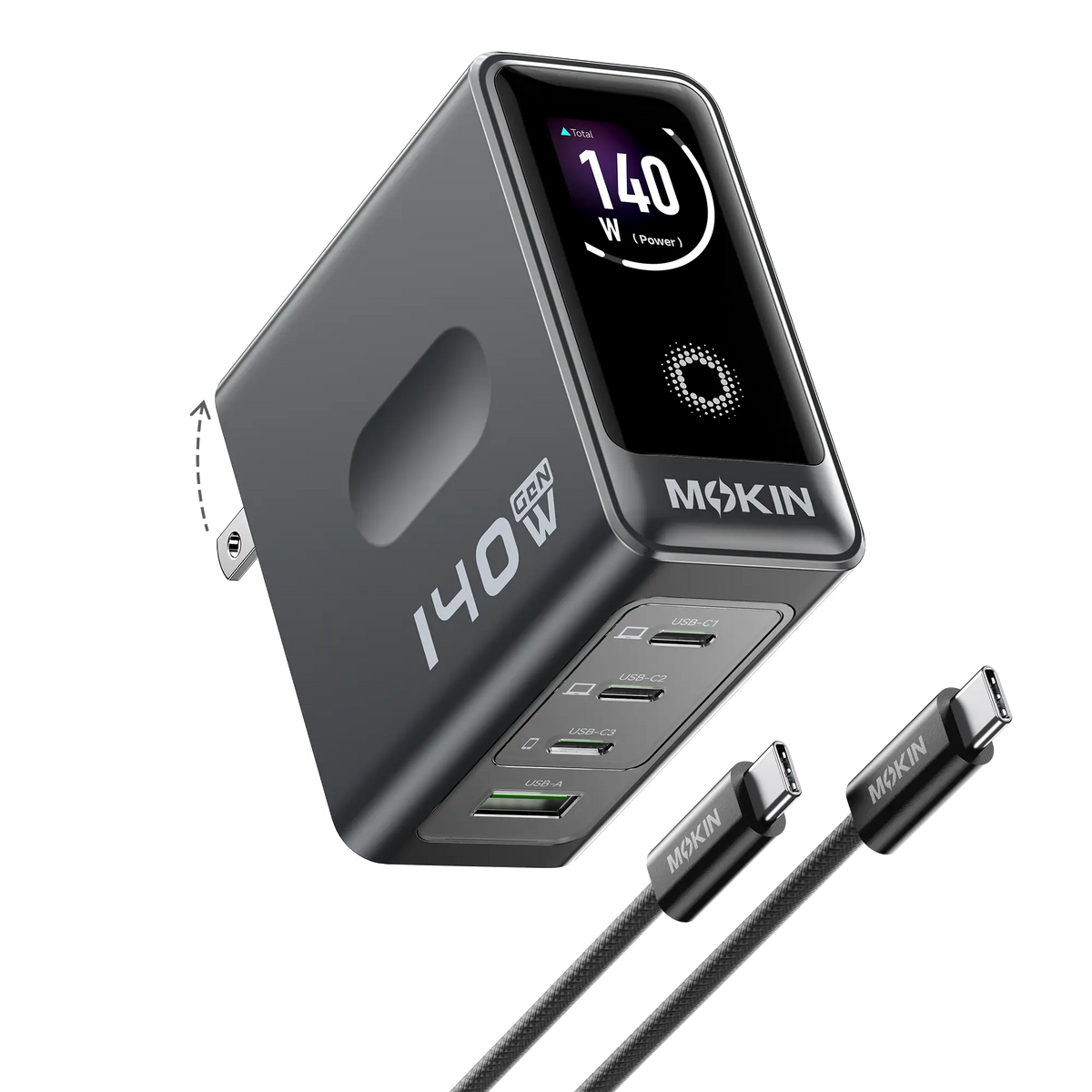 MOKiN 140W GaN wall charger with digital display, 4 USB-C ports and folding plug