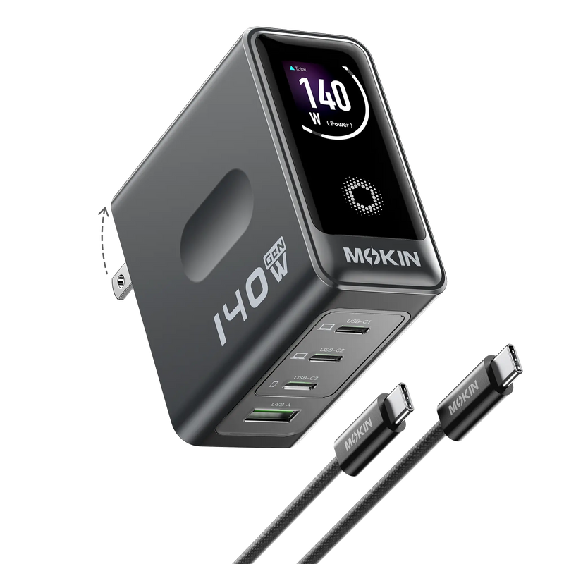MOKiN 140W GaN wall charger with digital display, 4 USB-C ports and folding plug