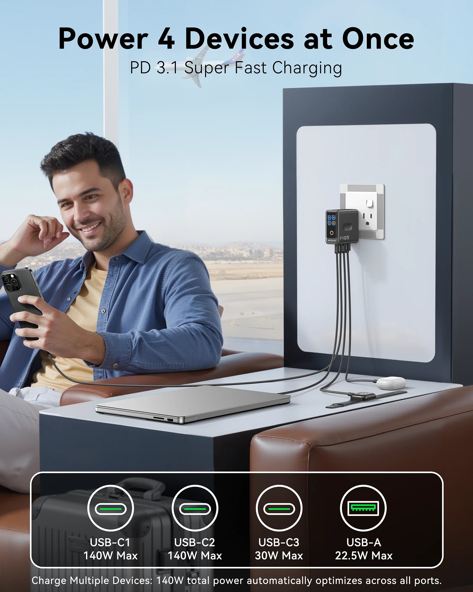 MOKiN 140W 4-Port GaN Charger with Smart Touch Display for Cleaner Multi-Device Setup