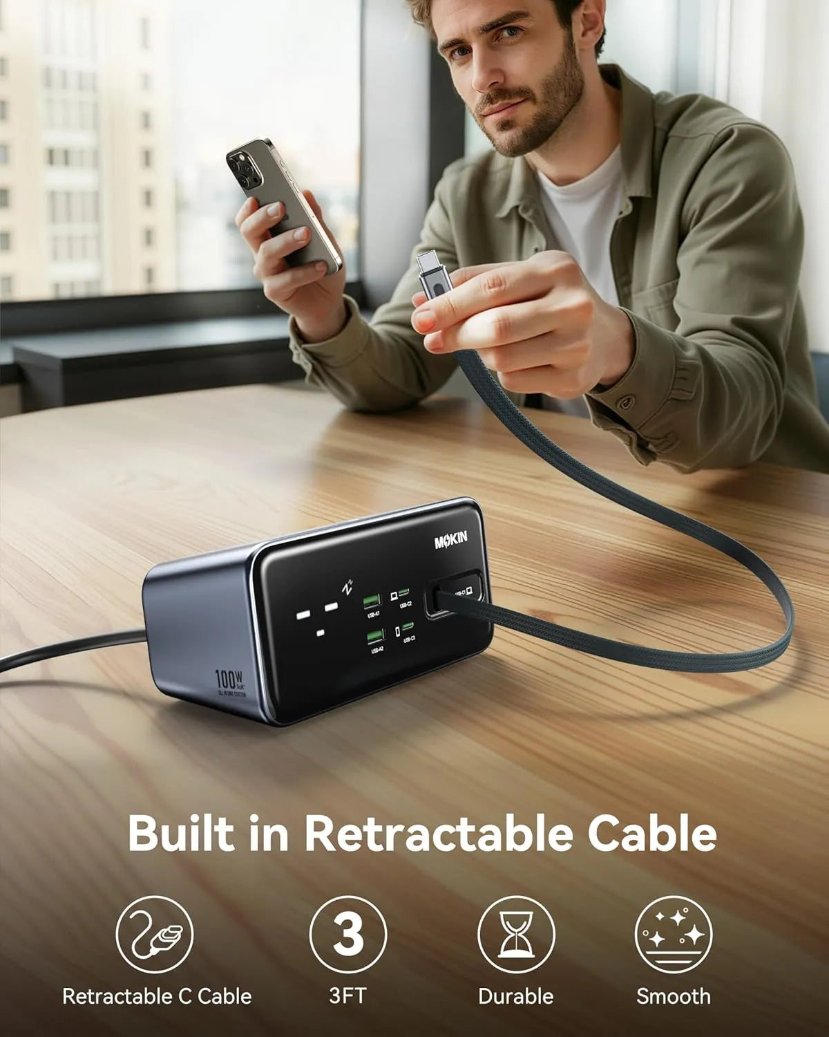 MOKiN 100W Charging Station with Retractable Cable