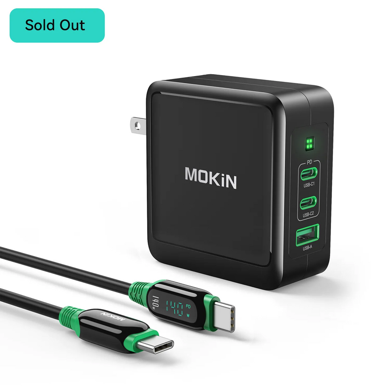 MOKiN 140W GaN charger with USB-C ports and included USB-C cable showing 140W