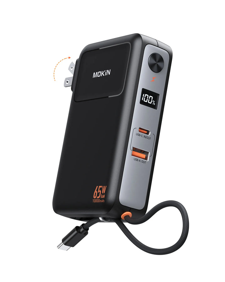 MOKiN Portable Charger with 10000mAh Power Bank (Built-in USB-C Cable) and 65W  Wall Charger