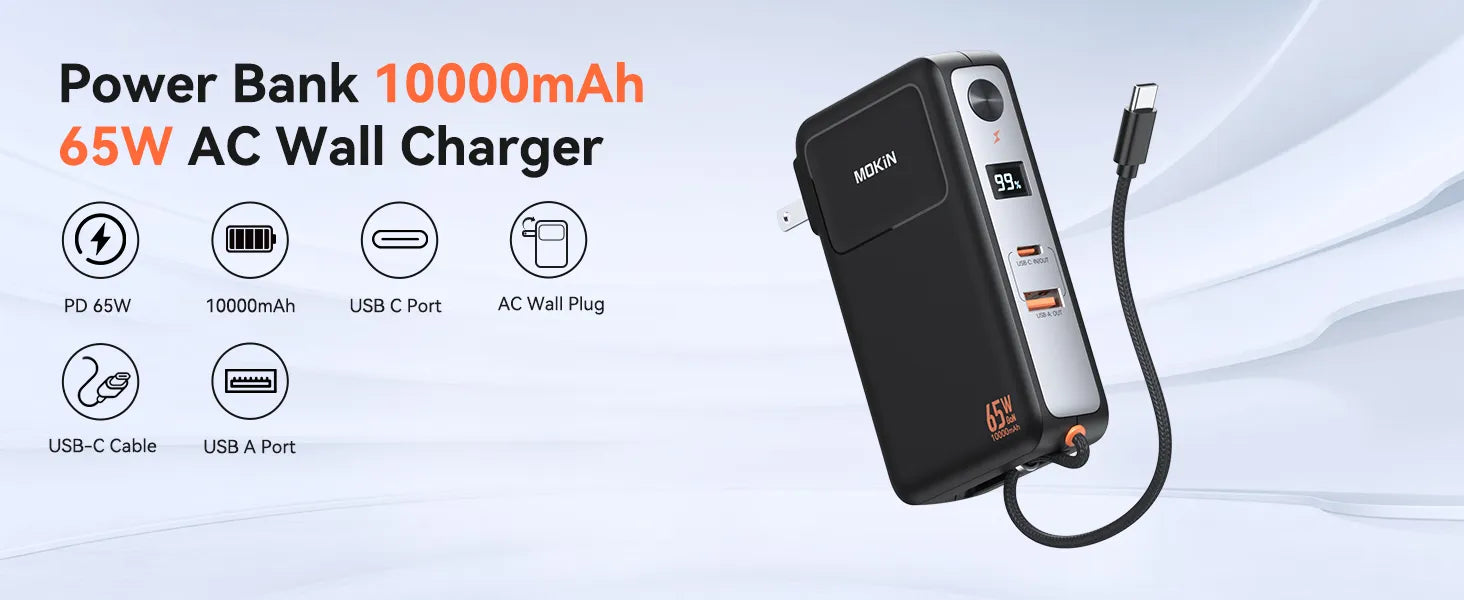 MOKiN Portable Charger with 10000mAh Power Bank (Built-in USB-C Cable) and 65W  Wall Charger