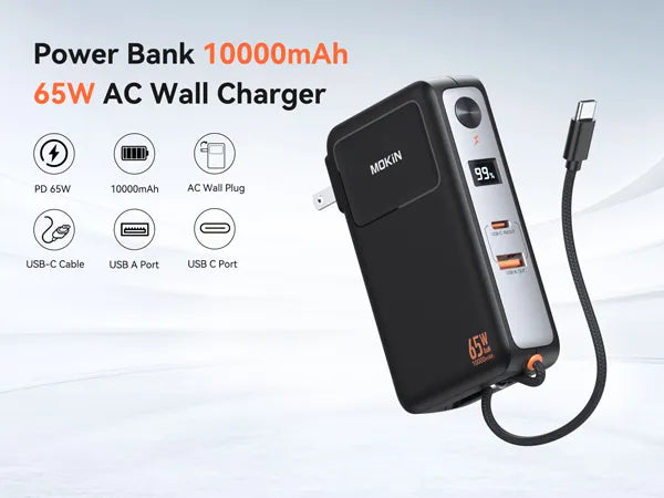 MOKiN Portable Charger with 10000mAh Power Bank (Built-in USB-C Cable) and 65W  Wall Charger