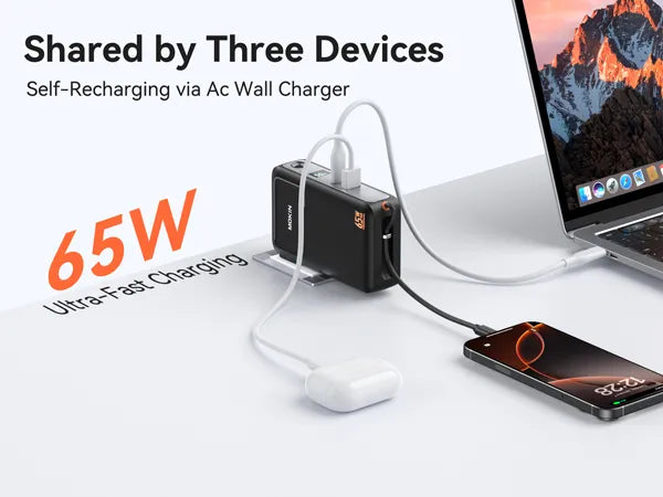 MOKiN Portable Charger with 10000mAh Power Bank (Built-in USB-C Cable) and 65W  Wall Charger