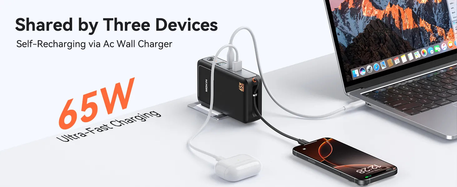 MOKiN Portable Charger with 10000mAh Power Bank (Built-in USB-C Cable) and 65W  Wall Charger