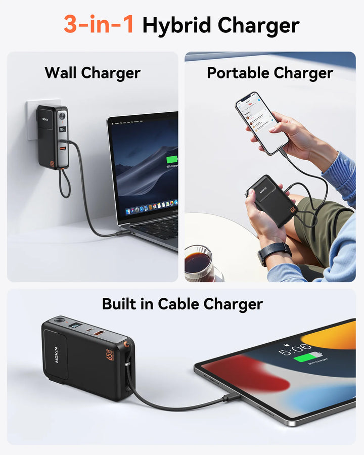 MOKiN Portable Charger with 10000mAh Power Bank (Built-in USB-C Cable) and 65W  Wall Charger