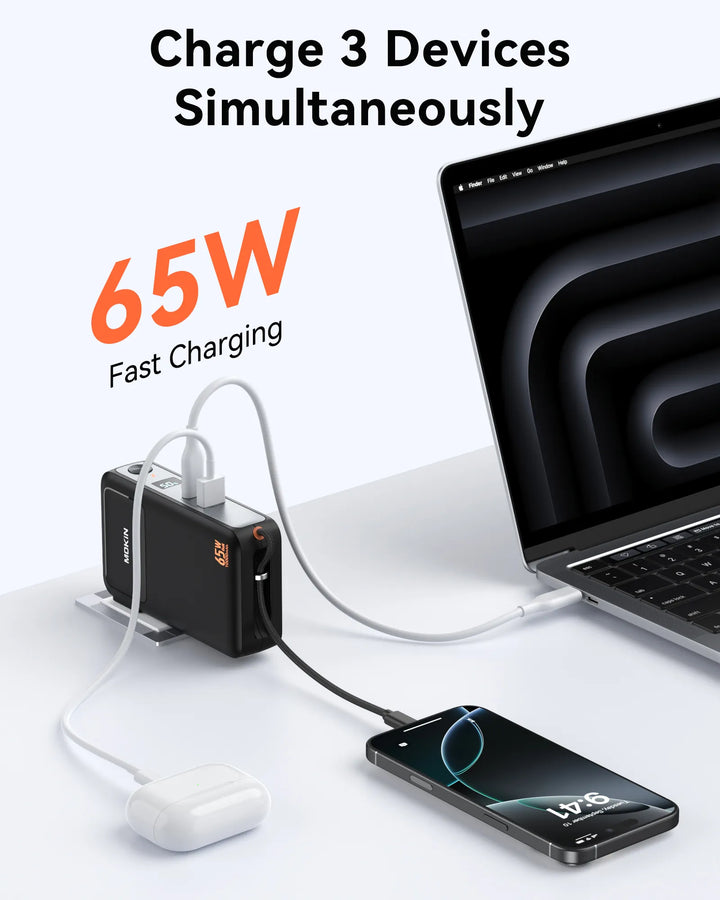 MOKiN Portable Charger with 10000mAh Power Bank (Built-in USB-C Cable) and 65W  Wall Charger