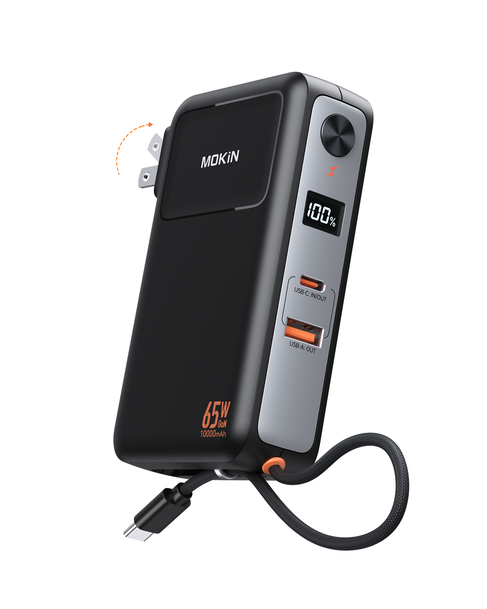 MOKiN Portable Charger with 10000mAh Power Bank (Built-in USB-C Cable) and 65W  Wall Charger
