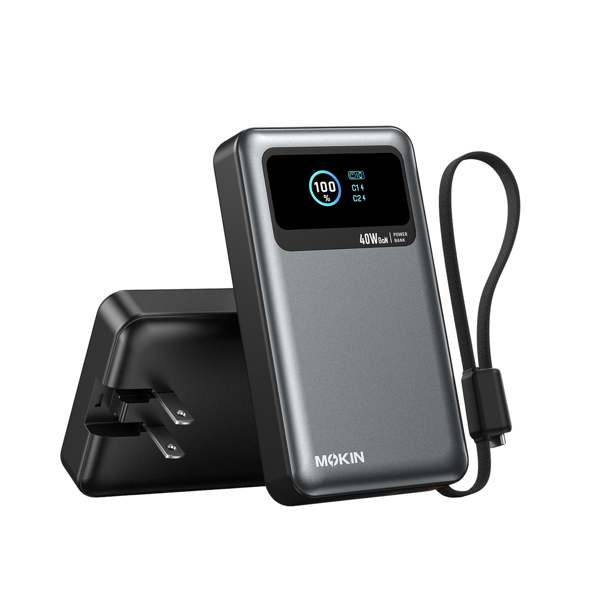 MOKiN 40W 10000mAh Power Bank with Built-in USB-C Cable, Foldable Wall Plug and LCD Display