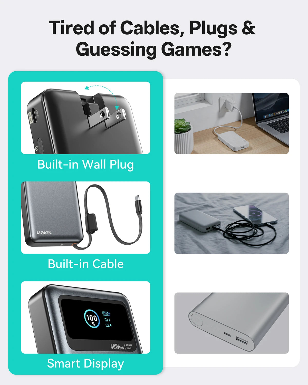 MOKiN 3-in-1 portable power bank 10000mAh with built-in cable and plug, gray