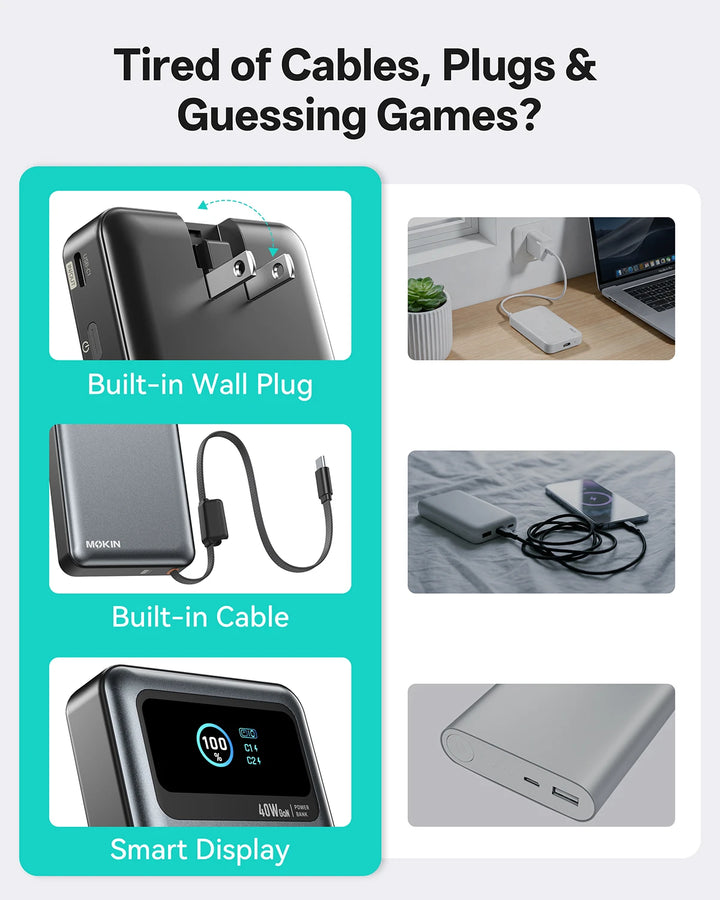 3-in-1 40W 10000mAh Power Bank | Built-In Cable