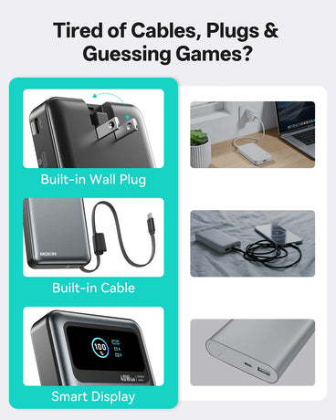 MOKiN 3-in-1 portable power bank 40W 10,000mAh with built-in cable, wall plug and smart display