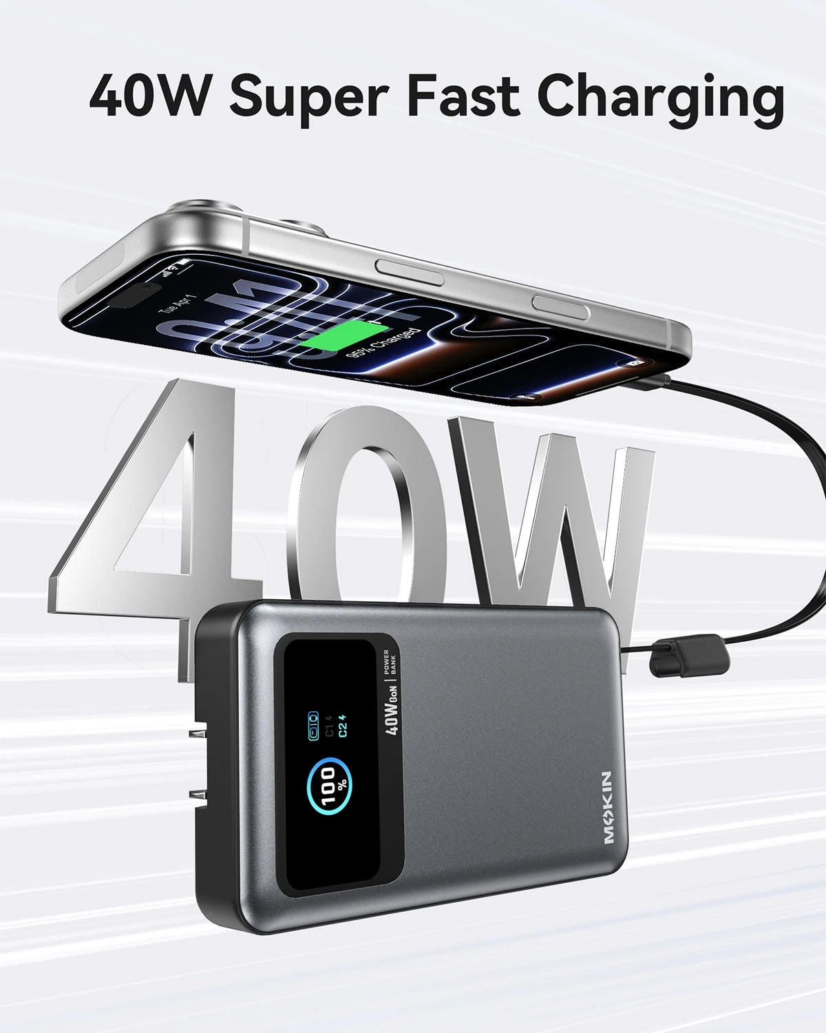 MOKiN 3-in-1 portable power bank 40W 10000mAh in gray with built-in cable and plug