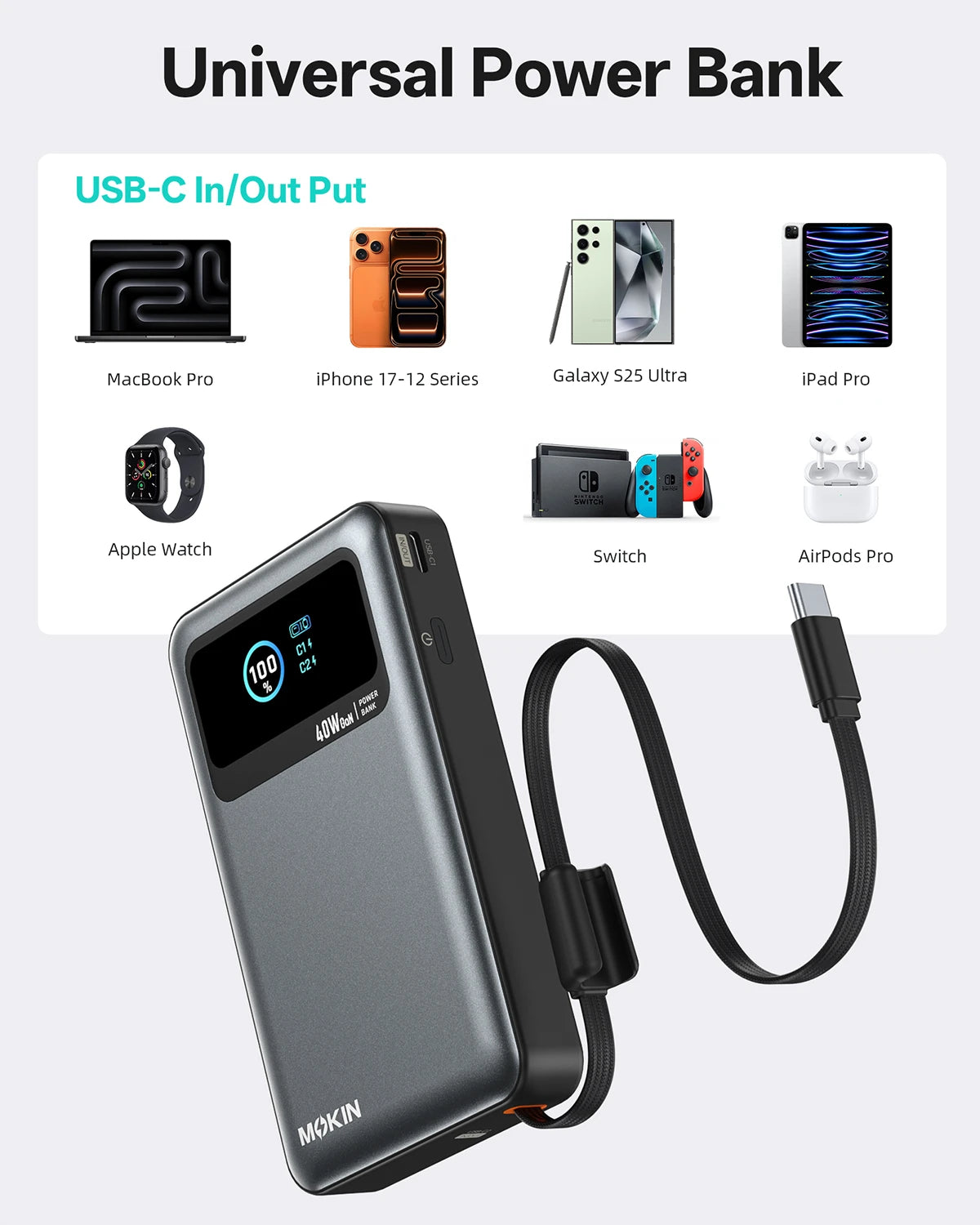 MOKiN 3-in-1 portable power bank 40W 10000mAh in gray with built-in cable and plug