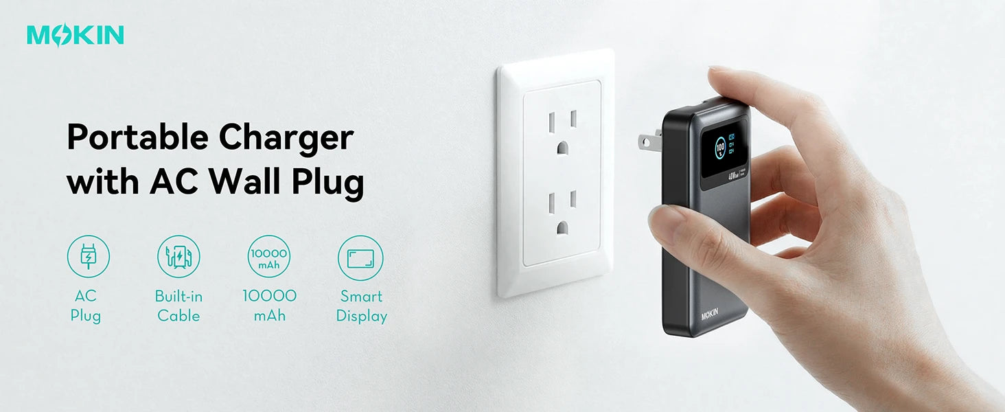 MOKiN 40W 10000mAh All-in-One Power Bank with Built-in USB-C Cable & LCD Display
