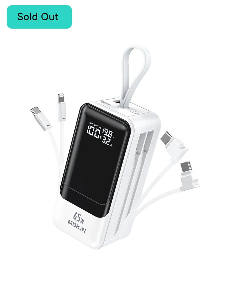 MOKiN 18400mAh 65W fast charging power bank in white with USB C and iOS cables, and digital display.